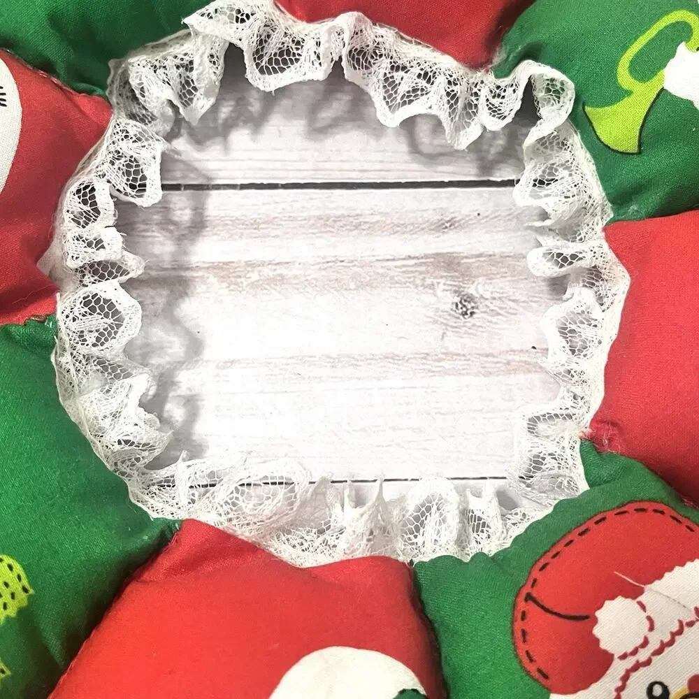 Vintage Stuffed Fabric Pillowed Lace Wreath Christmas Farmhouse Decor Red Green